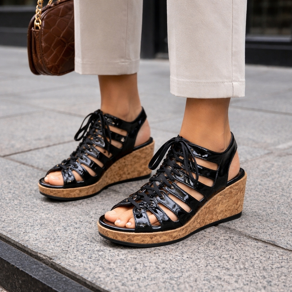 Fly London Black Patent Leather Lace-Up Wedge Sandals Cork Platform EUC